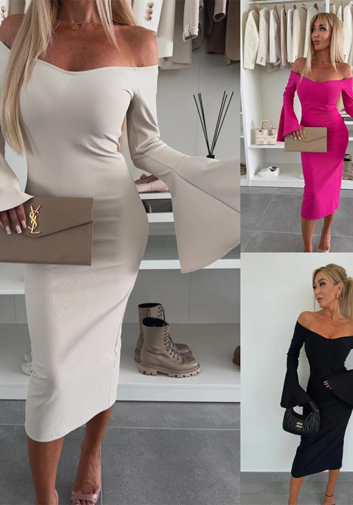 Solid Color Off-Shoulder Bell Sleeve Dress