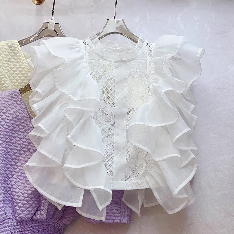 Women Summer French Ruffle Patchwork Crochet Hollow Stand Collar Lace Shirt 13