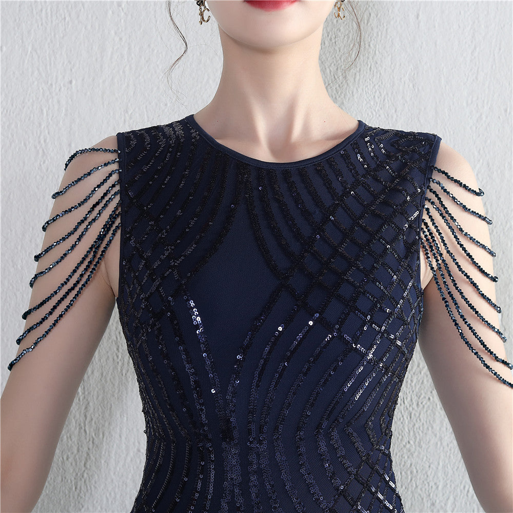 Decorative Crystal Diamond Chain Sequin Embroidery Stripe Positioning Flower Dinner Ceremony Long Evening Dress 14