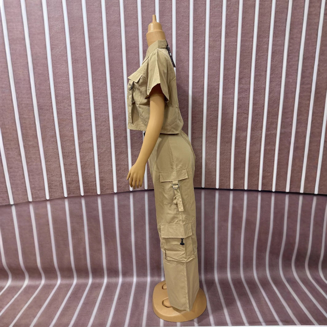 Women Ribbon Short Sleeve Top and Cargo Pants Two-Piece Set 7