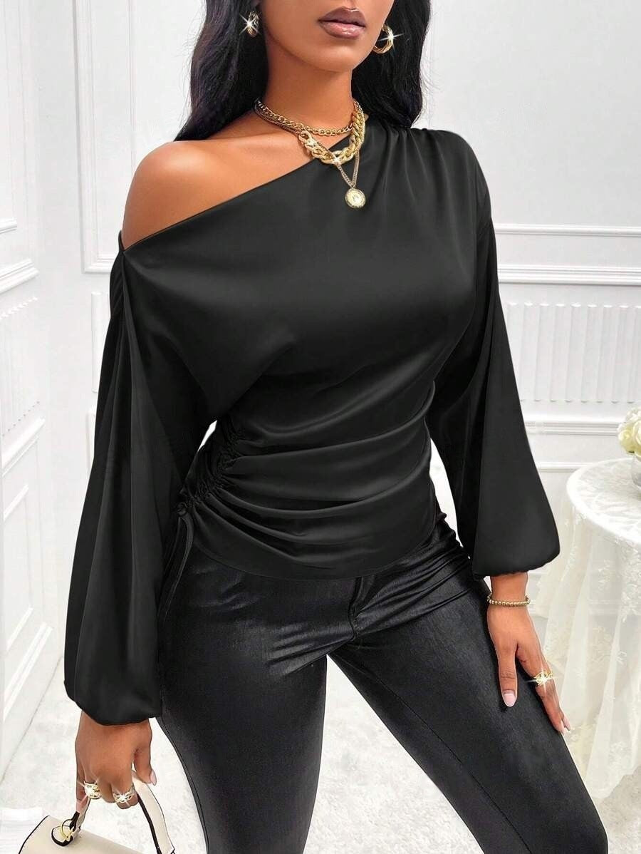 Women's Satin Shirt Asymmetric Slash Shoulder Long-Sleeve Blouse 26