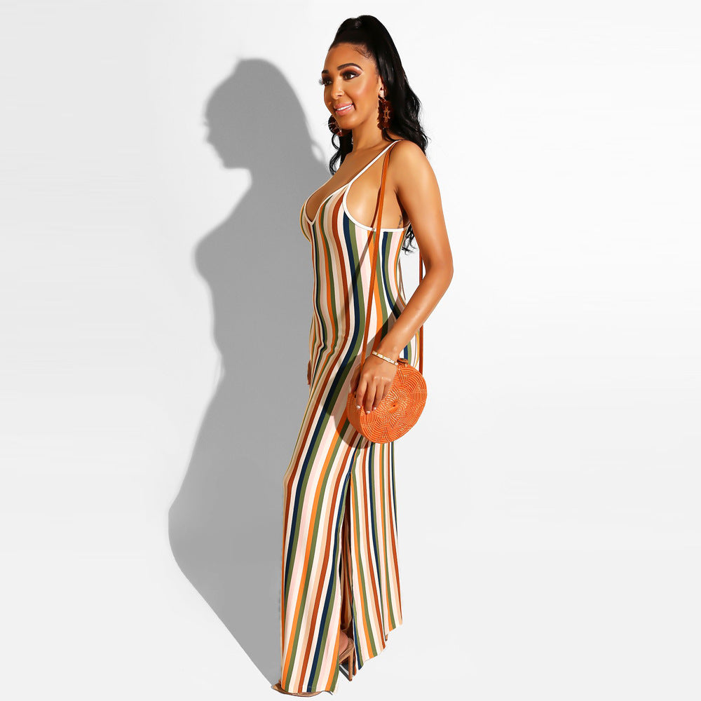 Women sexy striped Backless suspender slit dress 3