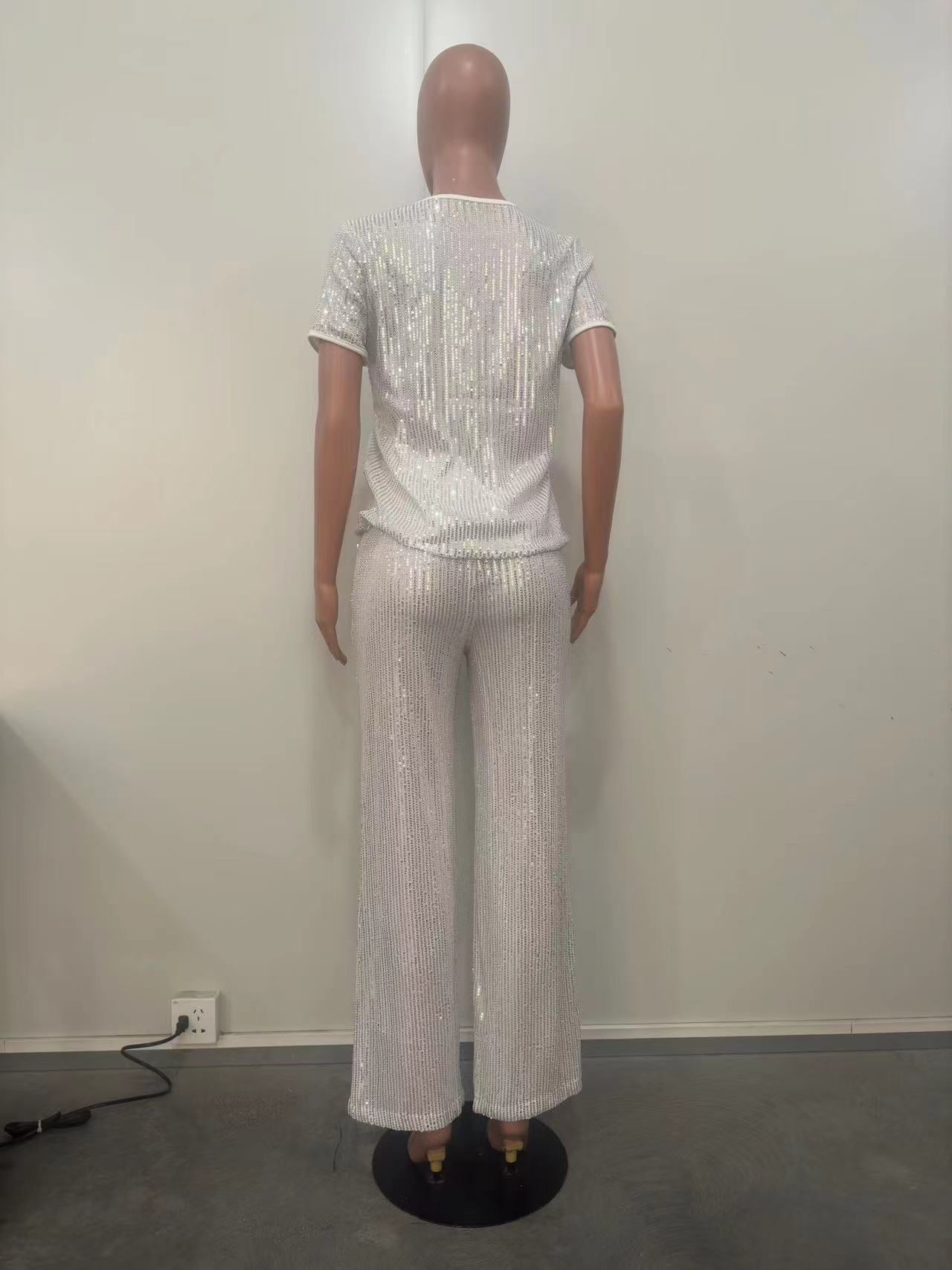 Women Spring Summer Sequin Solid Short Sleeve Top and Pants Two-piece Set 37