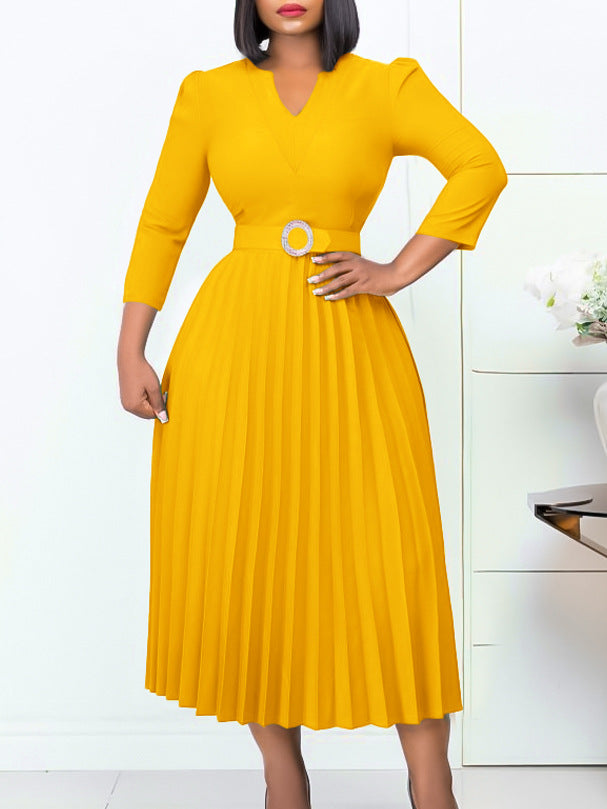 Women Autumn V-neck Elegant Pleated Dress