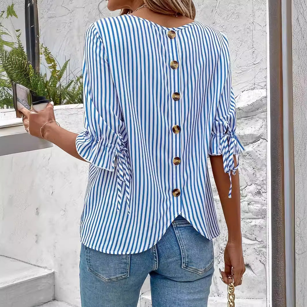 Summer Women's Clothing Plus Size Loose Striped Three-Quarter Sleeve Shirt 3