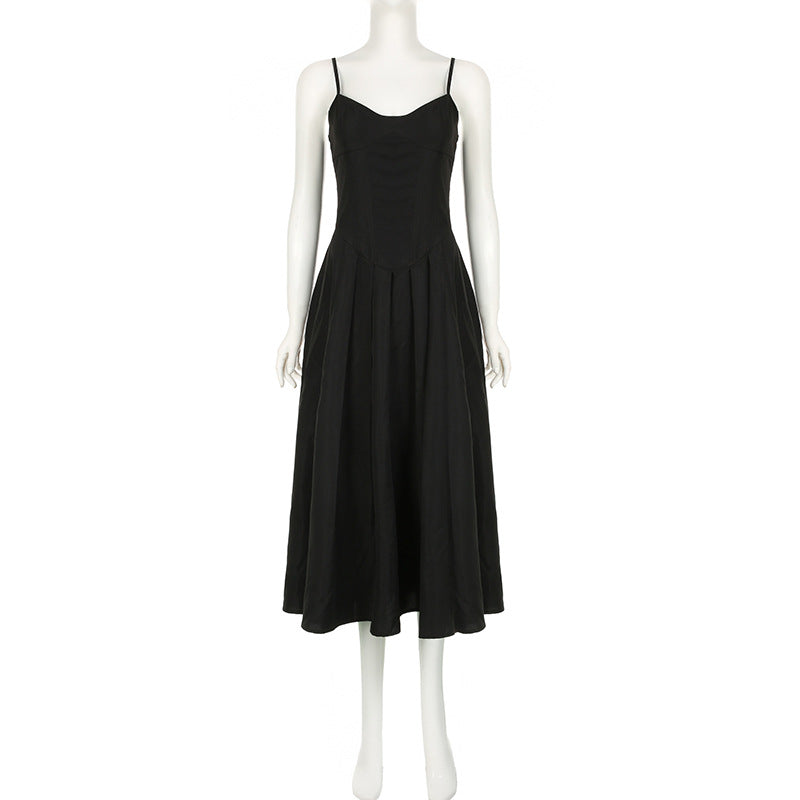 Chic Solid Color Black Strap Slim A-Line Long Dress 3