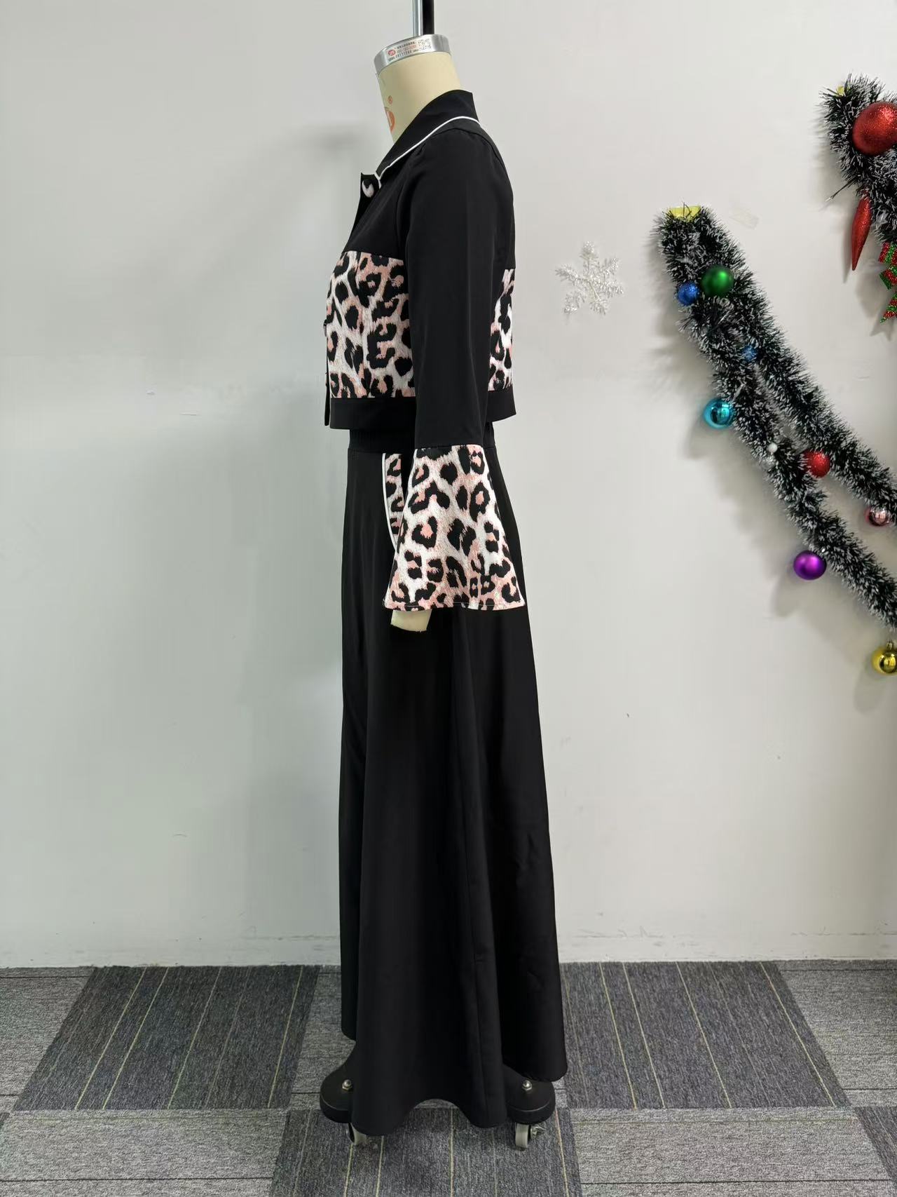 Sexy Leopard Print Patchwork Top Long Skirt Two-Piece Set 8