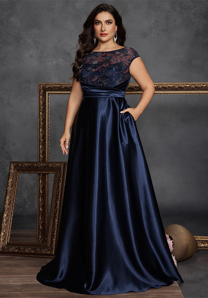 Plus Size Women's Fashionable Formal Evening Ball Gown Elegant Sequin Patchwork Round Neck Sleeveless Embroidered A-Line Dress