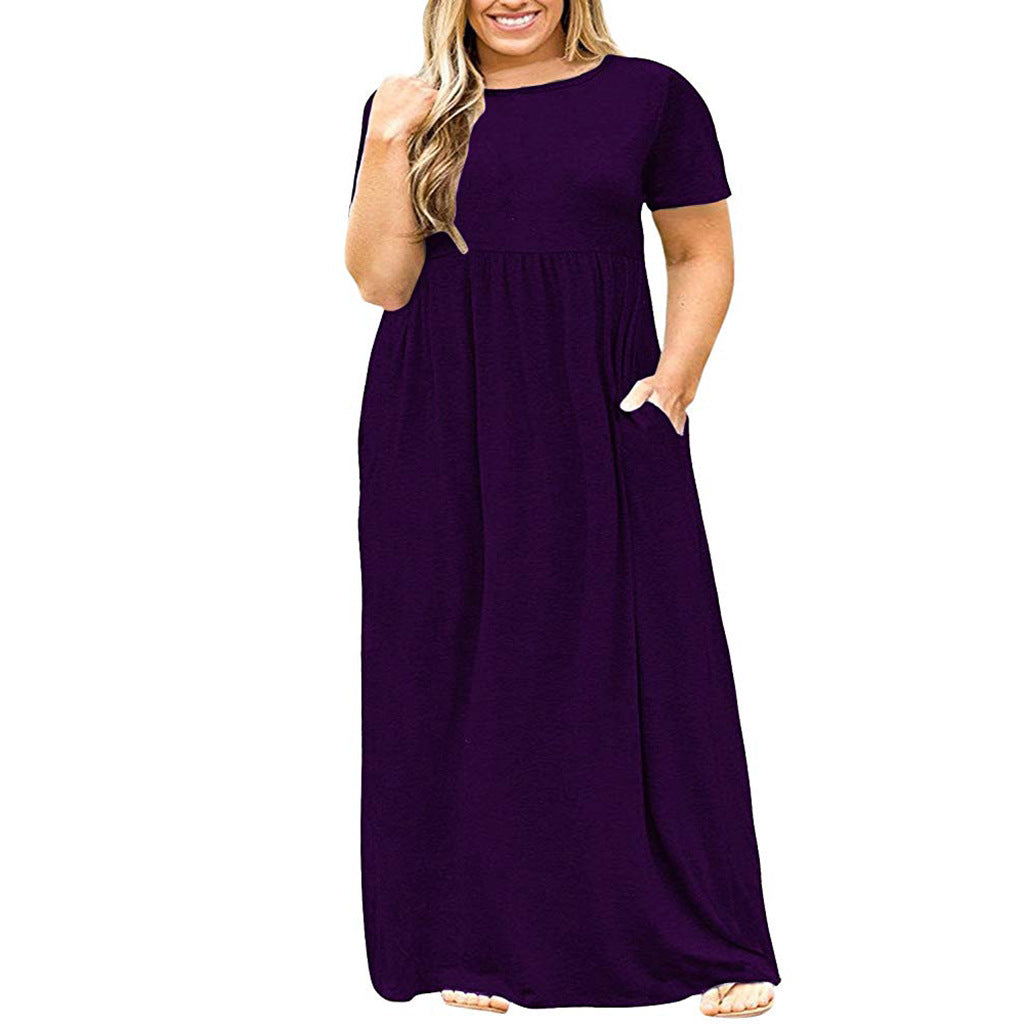 Summer Women's Short Sleeve Round Neck Solid Plus Size Dress Print Maxi Dress 17