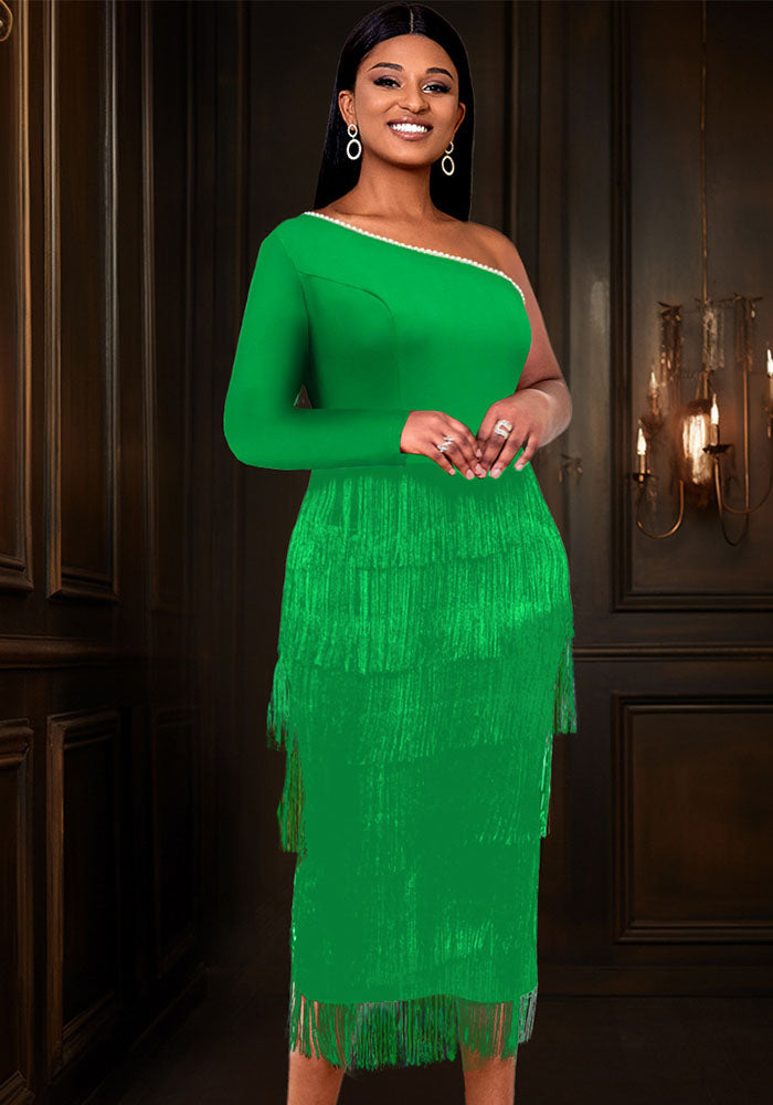 Sexy One-Shoulder Long-Sleeved High-Waist Slim Tassel Formal Party Evening Dress