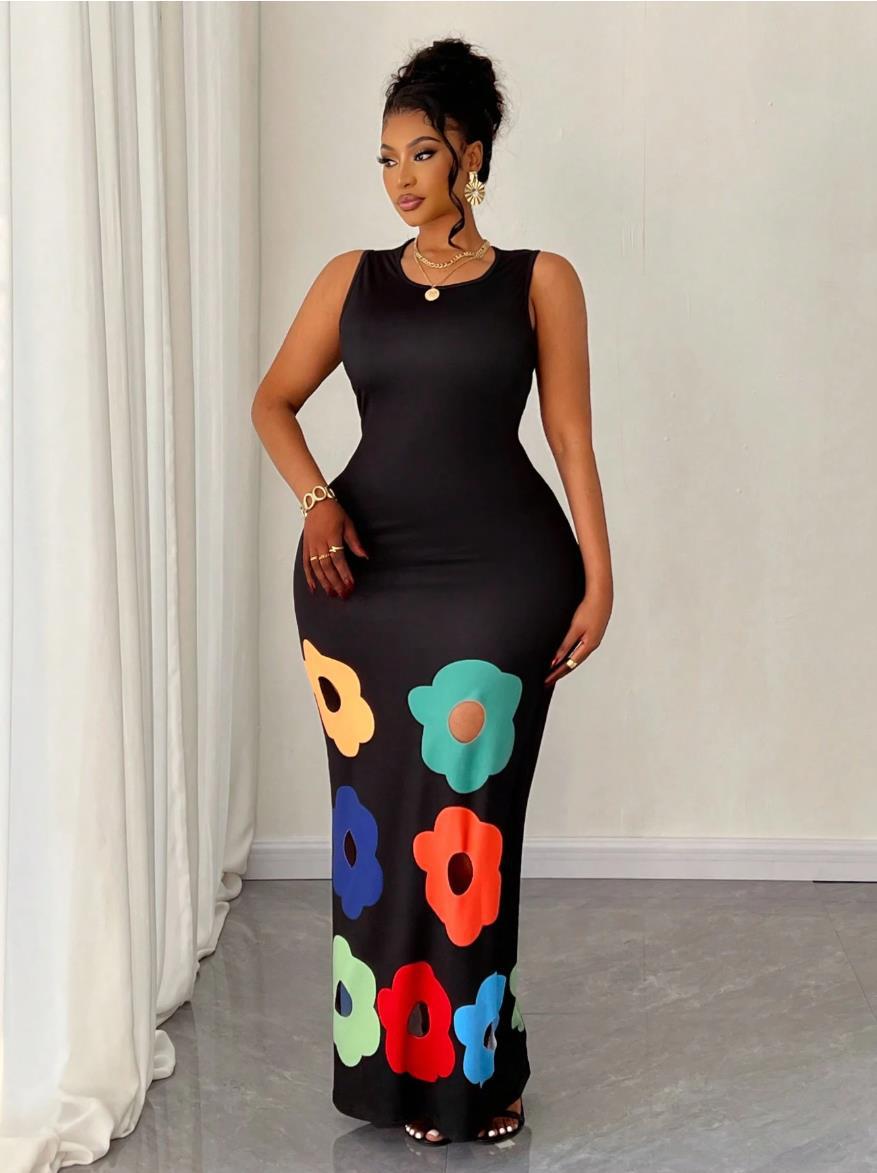 Summer Fashion Round Neck Sleeveless Positioning Print Cut-Out A-Line Dress 8