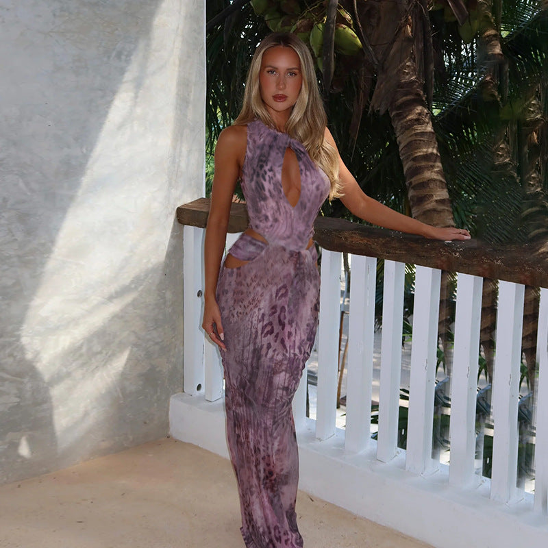 Women Summer Print Hollow Halter Neck Maxi Dress 3