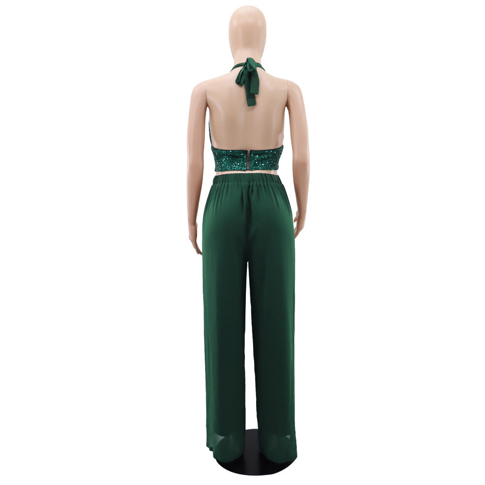 Sexy Sequined Halter Neck Tank Top Chiffon High-Waisted Straight Pants Two-Piece Set 15