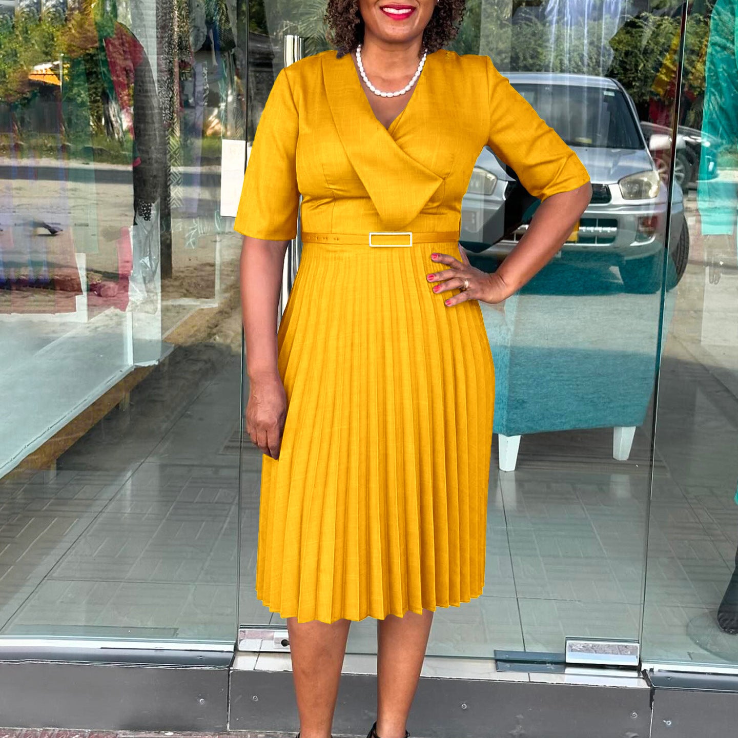 Plus Size Women's Summer Fashion Solid Color Elegant V Neck Pleated African Dress 5