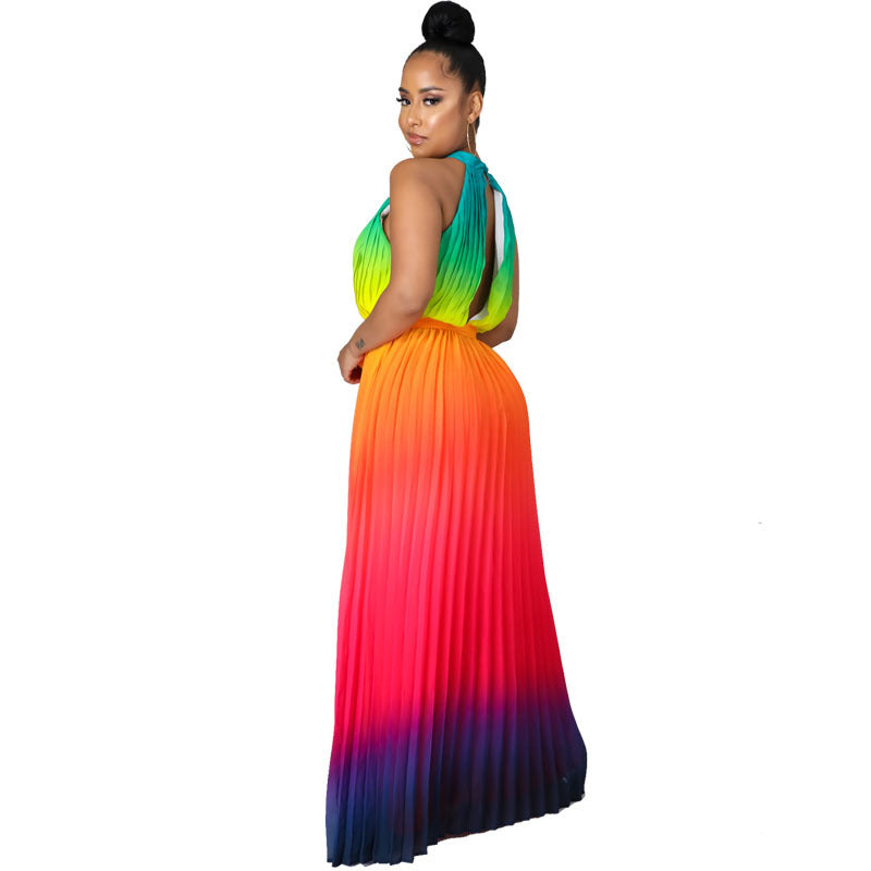 Women's Round Neck Sleeveless Maxi Pleated Tie Dye Pressed Pleated Slim Waist Rainbow Dress 7