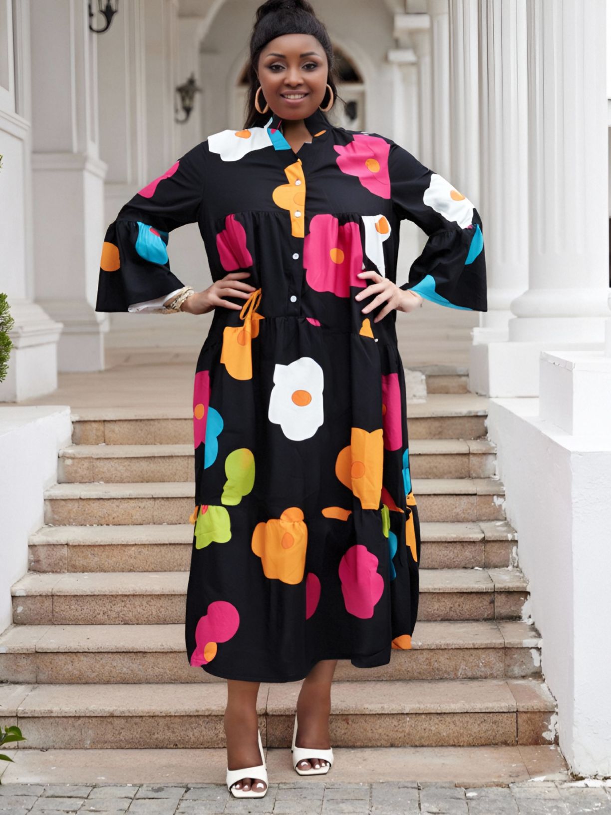 Women Casual Print Patchwork Multi-Color Long Sleeve Dress 3
