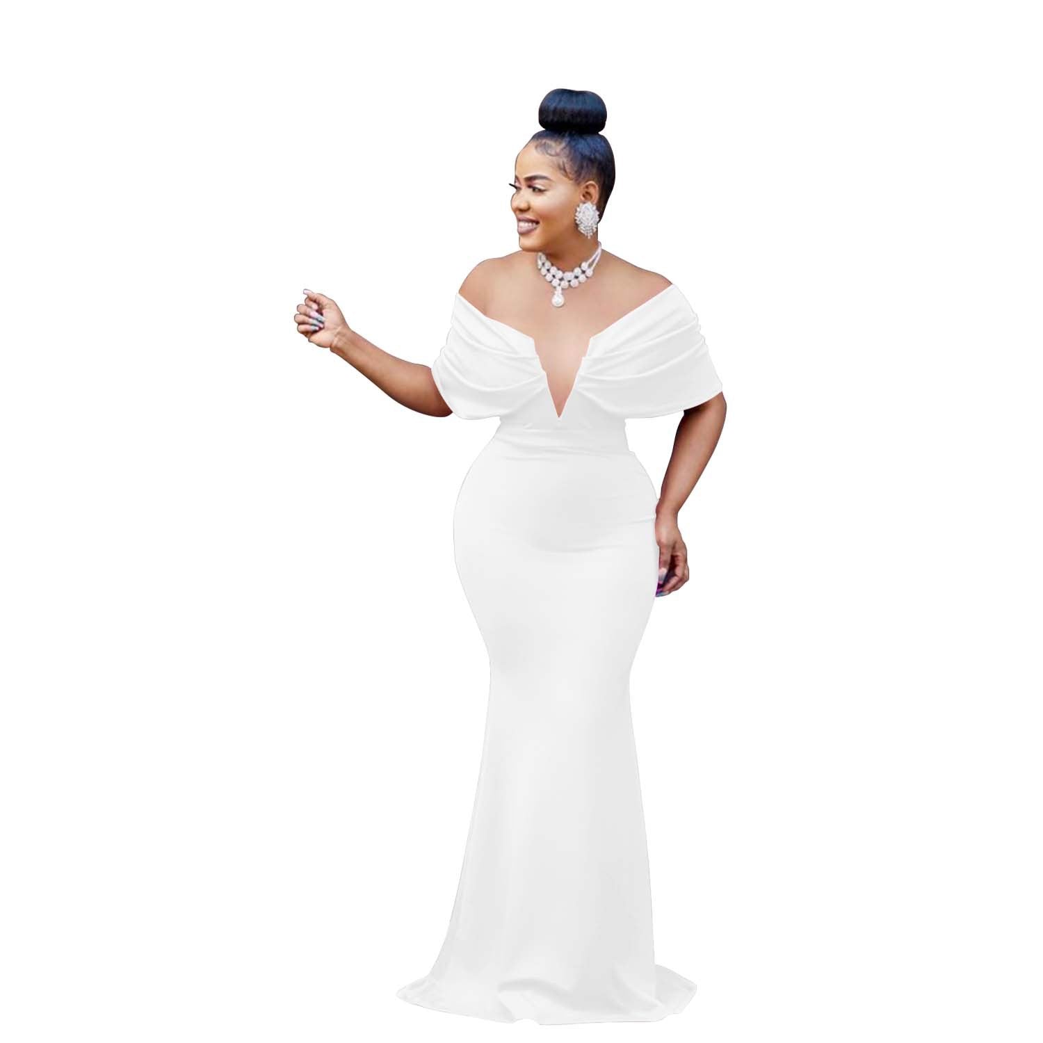 Women's Fashion Solid Color Off Shoulder Deep V Low Back Mermaid Dress 15