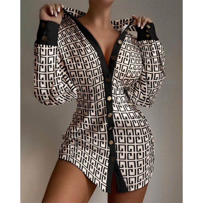 Fall Fashion Print Slim Waist Button Blouse Long Sleeve Shirt 10