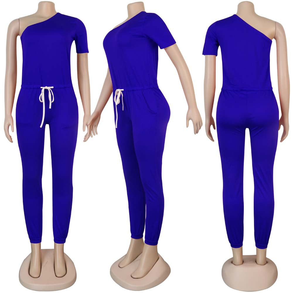Sexy Women's Slash Shoulder Half Sleeve Solid Color Slim Fit Women's Sports Jumpsuit 27
