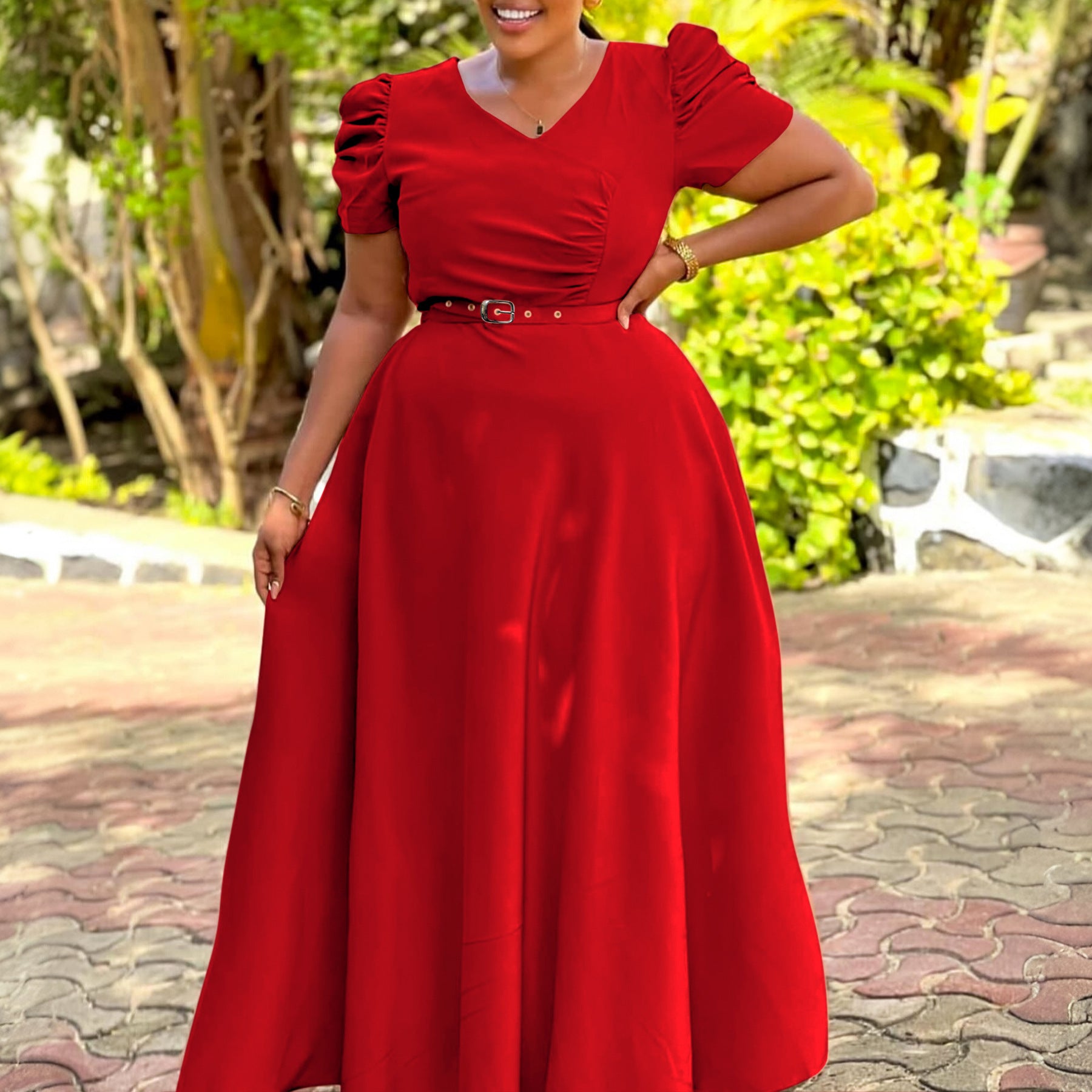 Elegant V-Neck Short Sleeve Solid Color High-Waist Swing Long Dress 3