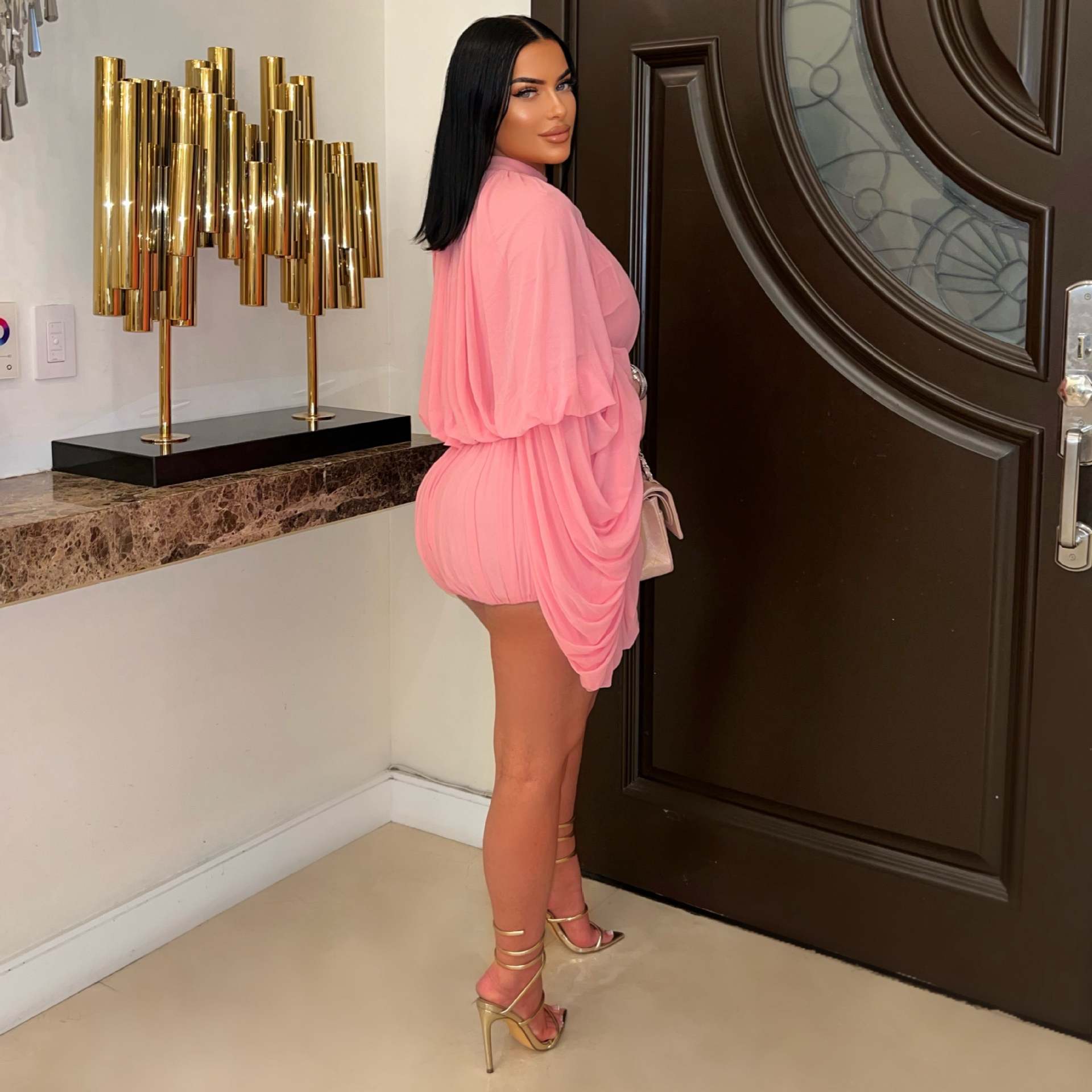 Women's Casual Solid Color Shorts & Round Neck Lantern Sleeve Top Two-Piece Set 11