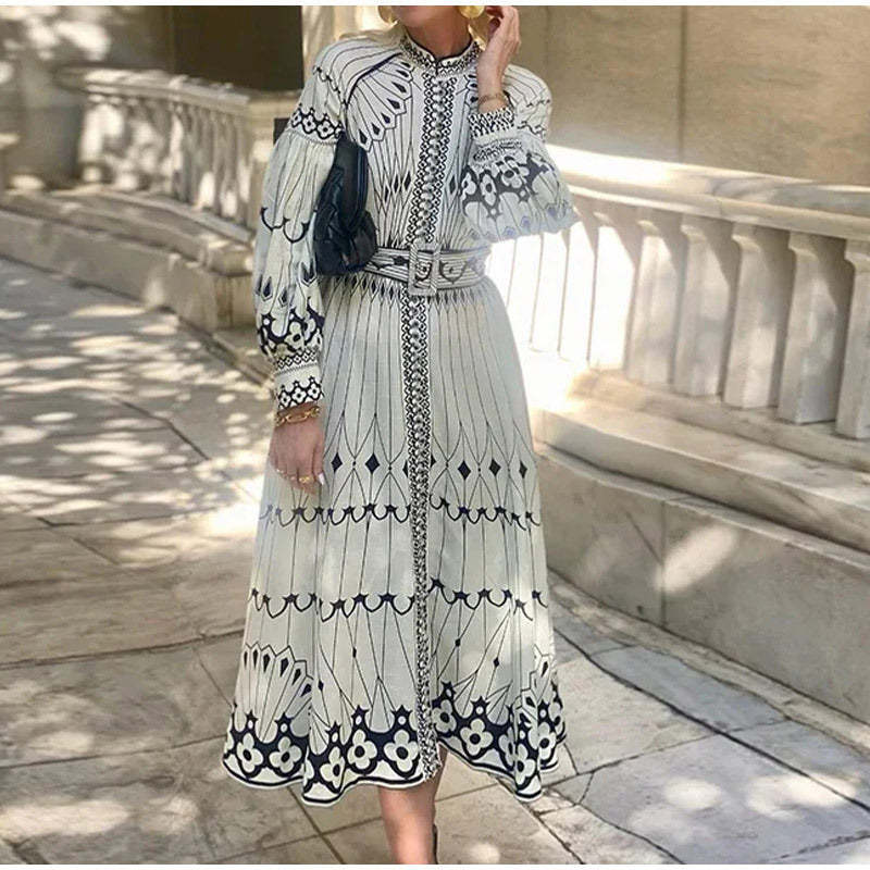 Spring Women's Elegant Long Sleeve Printed Long Dress 3