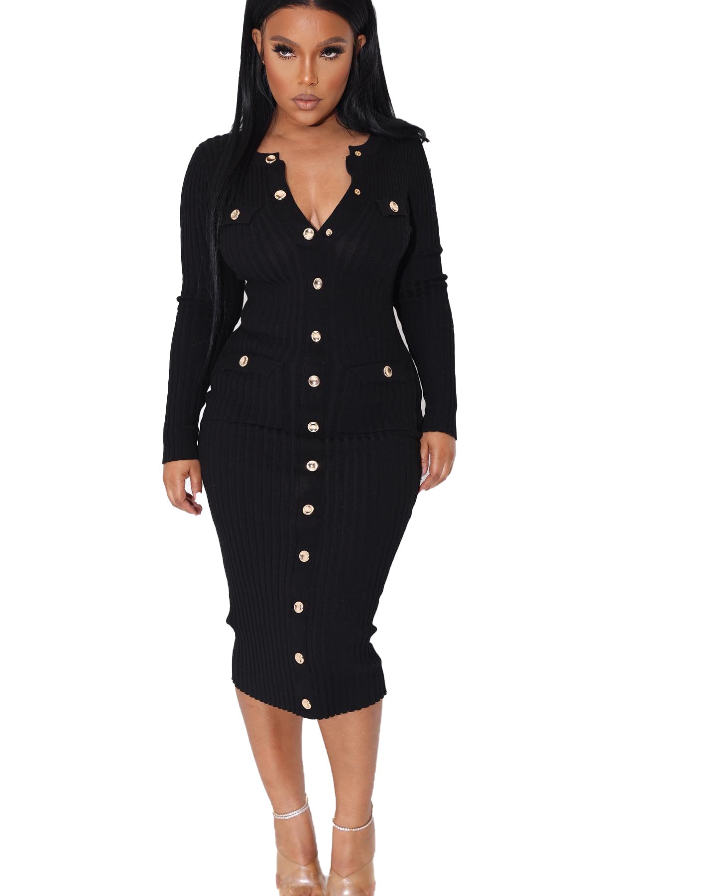 Ribbed Button Pocket Tight Fitting Stretch Dress 5