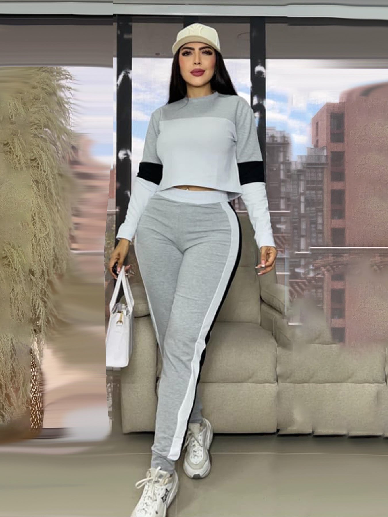 Fashion Street Color Block Patchwork Long Sleeve Sweatshirt & Sport Casual Pants Two-Piece Set