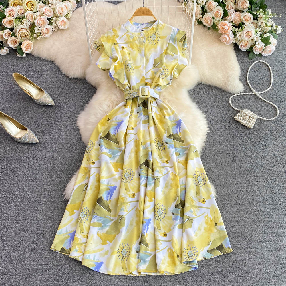 summer stand collar slim waist printed a-line high waist elegant chic long dress 5