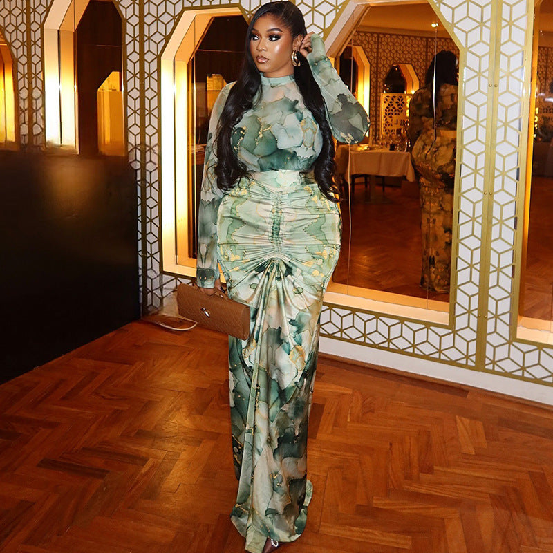 Women Casual Printed Turtleneck Top and Pleated Long Skirt Two-piece Set