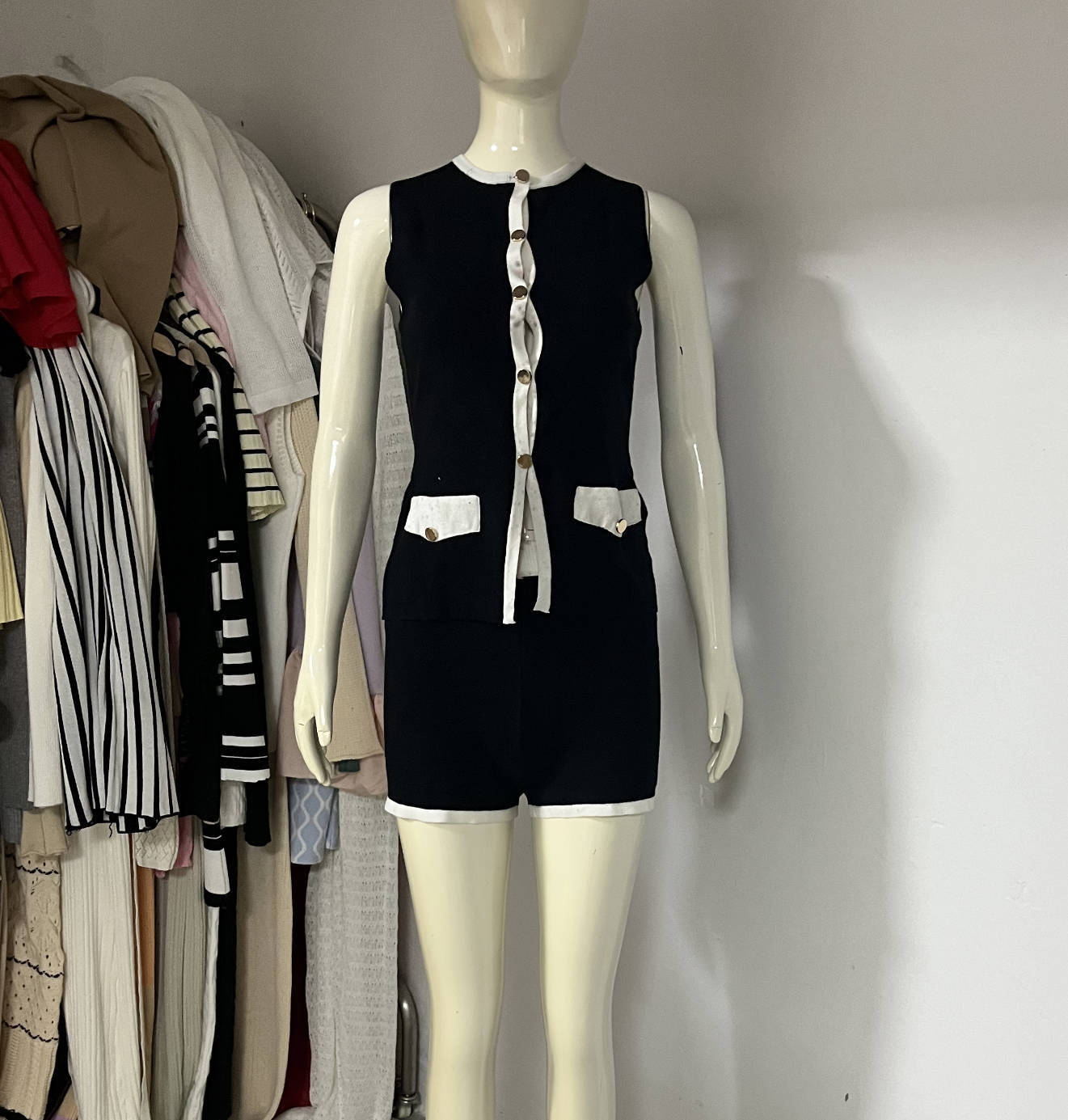 Women Knitting Button French Sleeveless Top and Shorts Two-piece Set 7