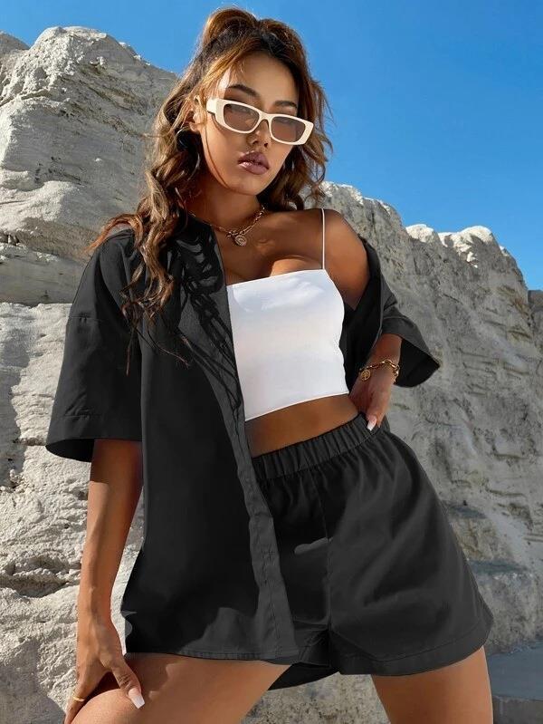 Fashion solid color short-sleeved shirt and shorts two piece set 3