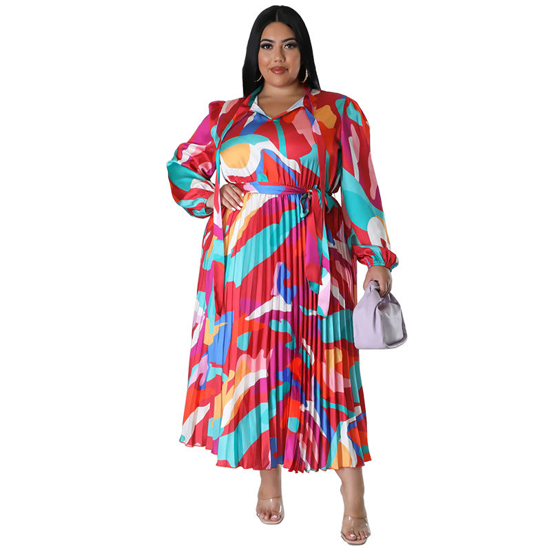 Plus Size Women Lace-Up Long Sleeve Printed Pleated Dress 18
