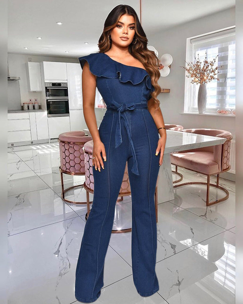 Women Ruffle Slash Shoulder Stretch Wide Leg Denim Jumpsuit