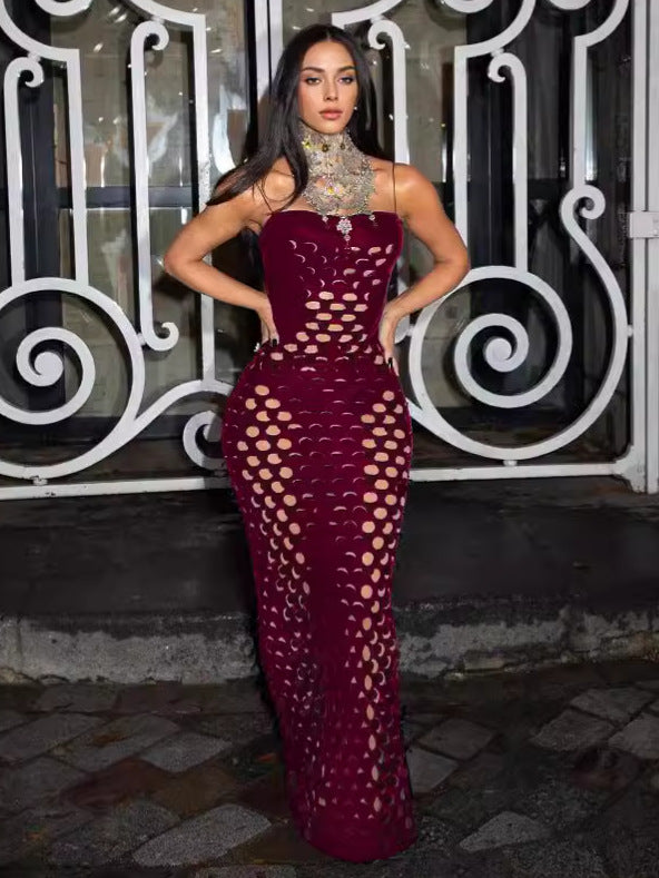 Fashion Women's Clothing Sexy Velvet Ripped Tight Fitting Strap Long Dress 7