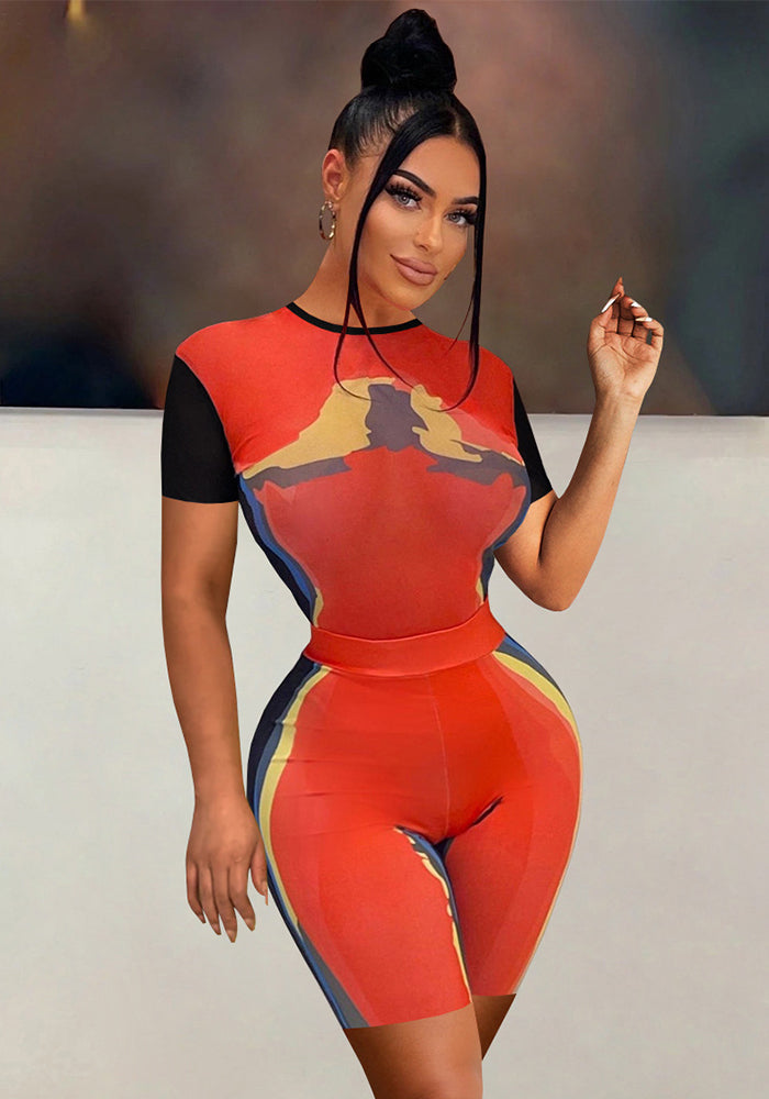 Women Tie Dye Print Round Neck Short Sleeve Top and Short Two-Piece Set