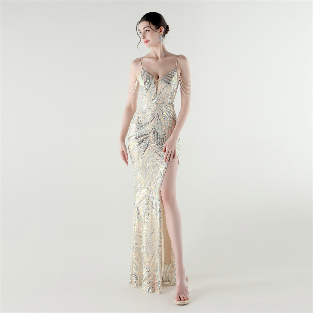 Elegant Deep V Strap Sequin Evening Dress 12