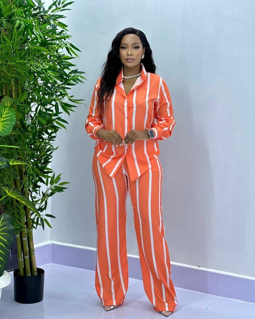 Fashion Casual Women's Spring And Autumn Striped Long Sleeve Shirt Loose Pants Women's Two-Piece Set 4