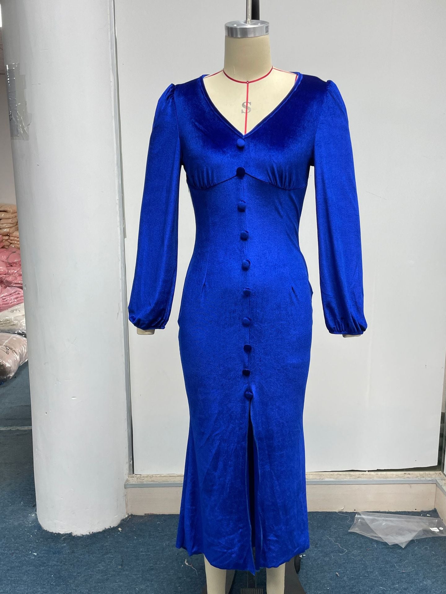 Women Autumn Knittingv Collar Solid Padded Shoulder Long Sleeve Slit Evening Dress 23