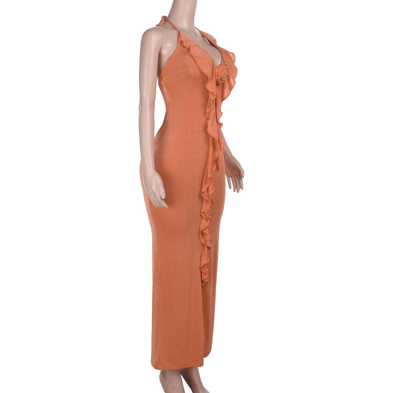 Women Sexy Holiday Backless Strap Maxi Dress with Ruffle Edge 7