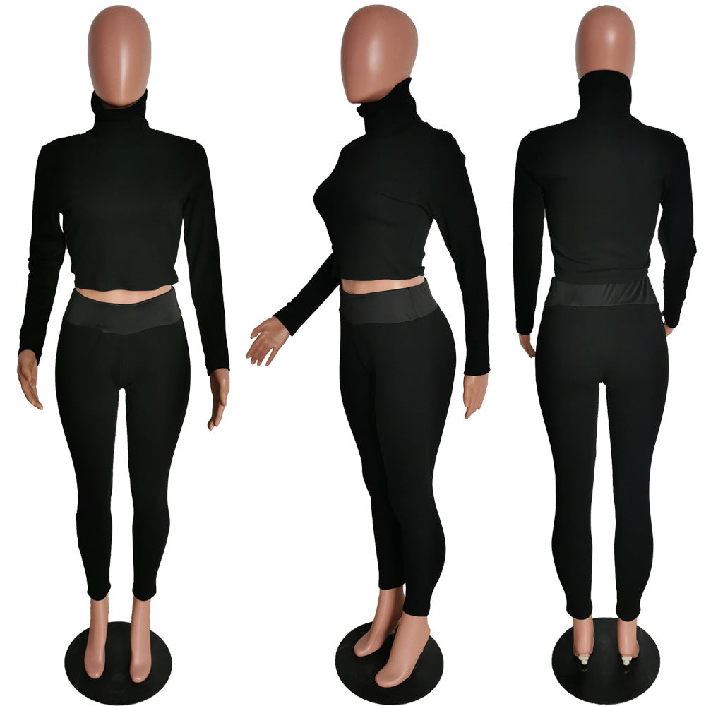 Women's Winter Fashionable solid knitting Long Sleeve Two Piece Pants set 9