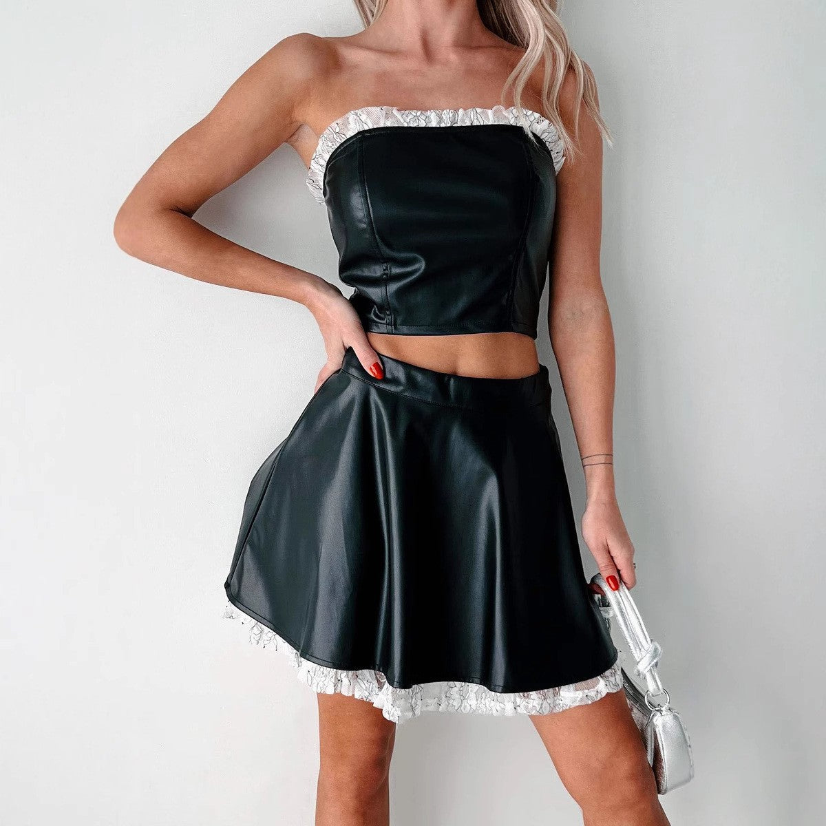 Women Sexy Lace Strapless Crop Top and Skirt pu Leather Two-Piece Set 7