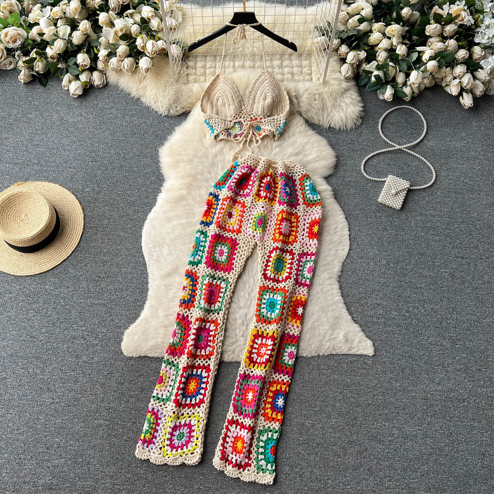 Women Summer Crochet Flower Suspender Top and Wide Leg Pants Retro Two-piece Set 22