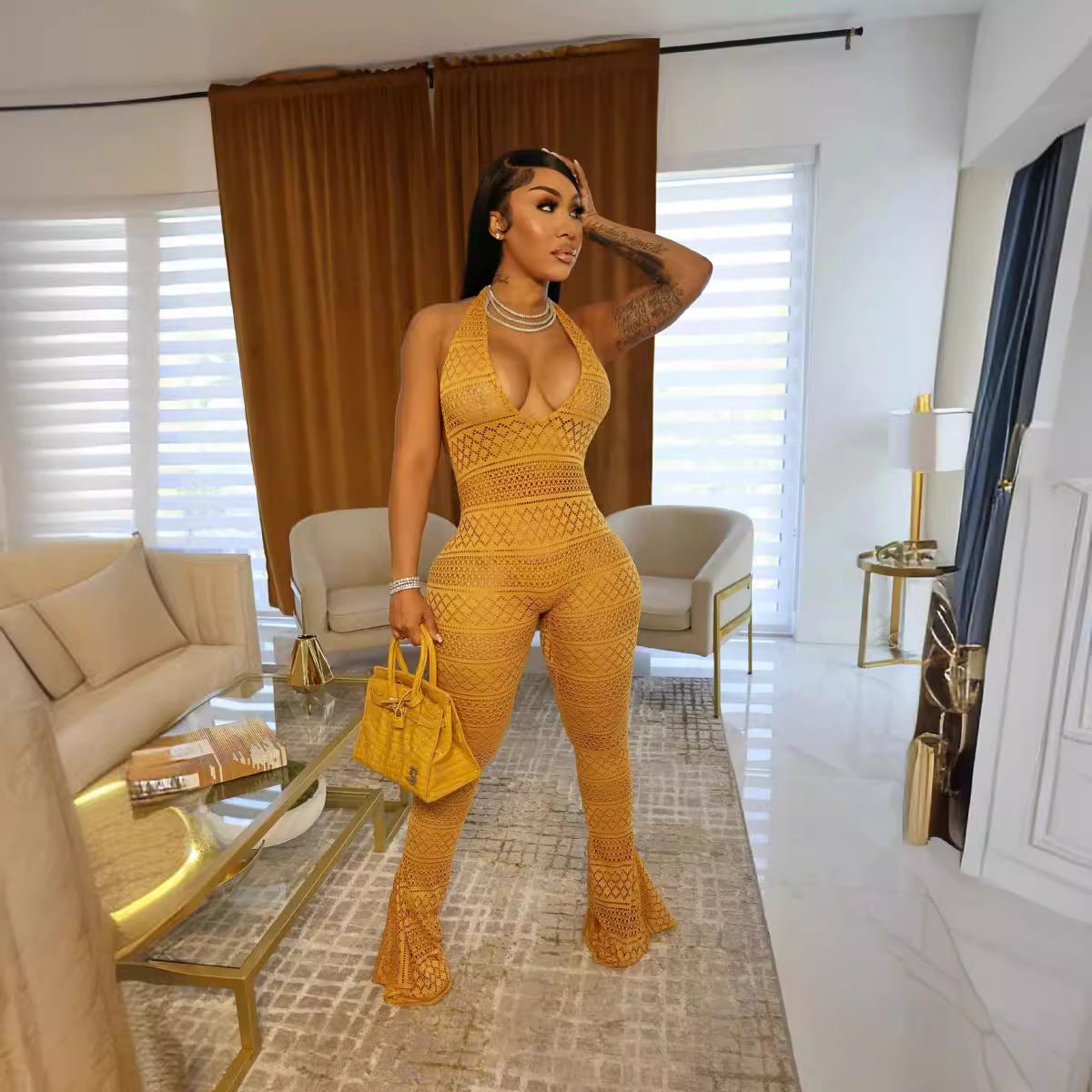 Women solidlace hollow sexy Jumpsuit 7