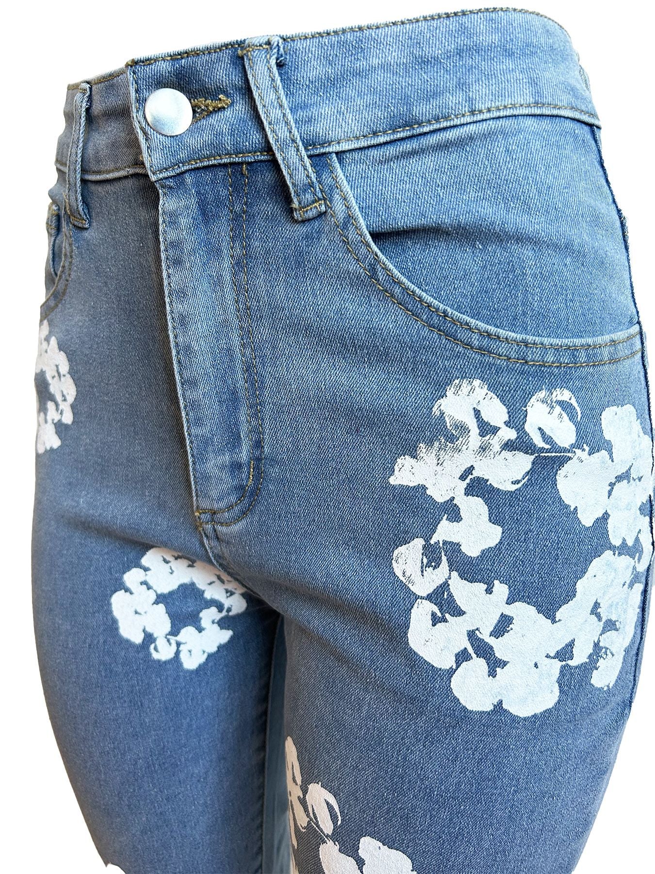 Women's Fashion Stretch Denim Fabric Flower Print Denim Trousers 12