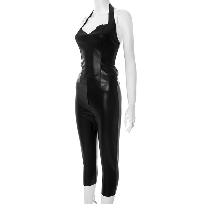 Women Sexy Solid Pu-Leather Halter Neck Backless Top and Pants Two-Piece Set 5