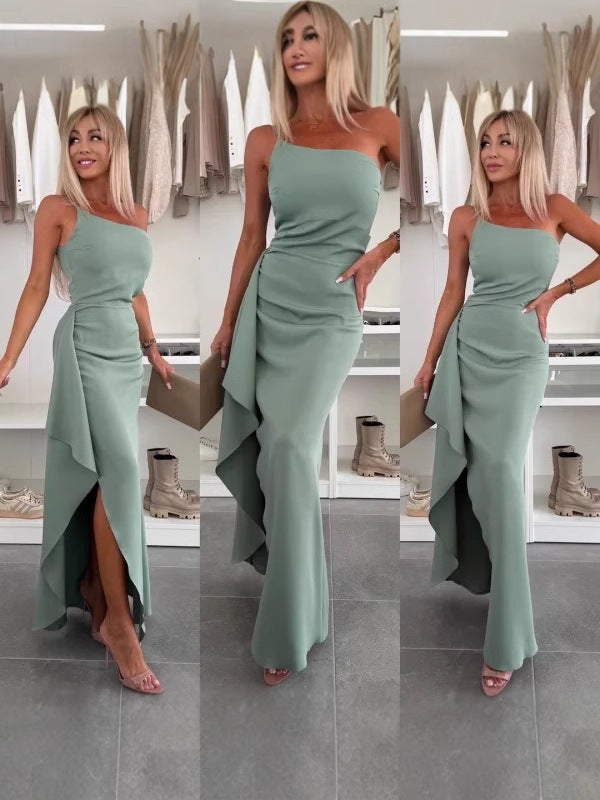 Summer Slash Shoulder Split Sleeveless Women's Sexy Slim Evening Dress 11