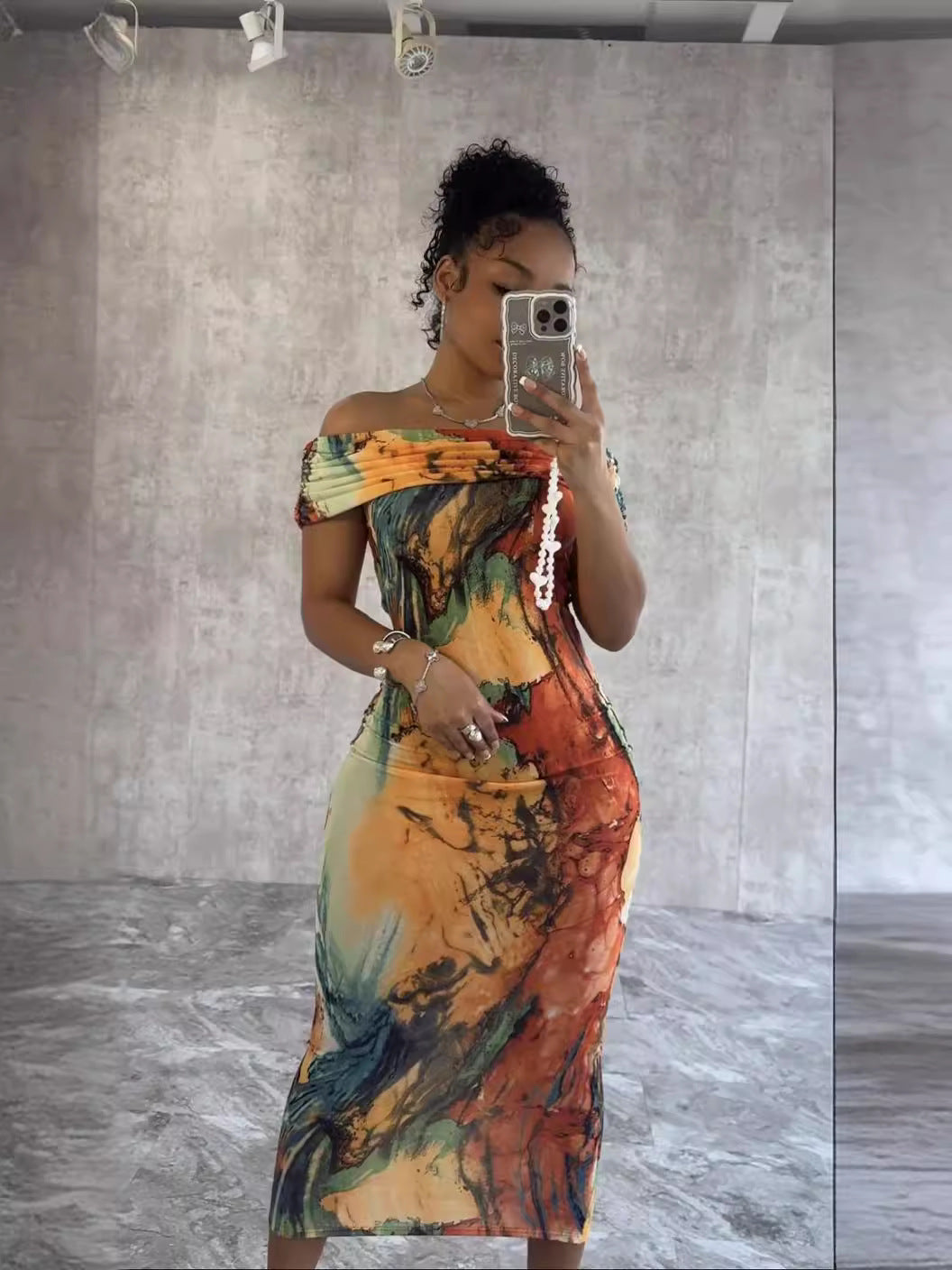 Women's Off Shoulder Fashion Printed Slim Long Dress 3