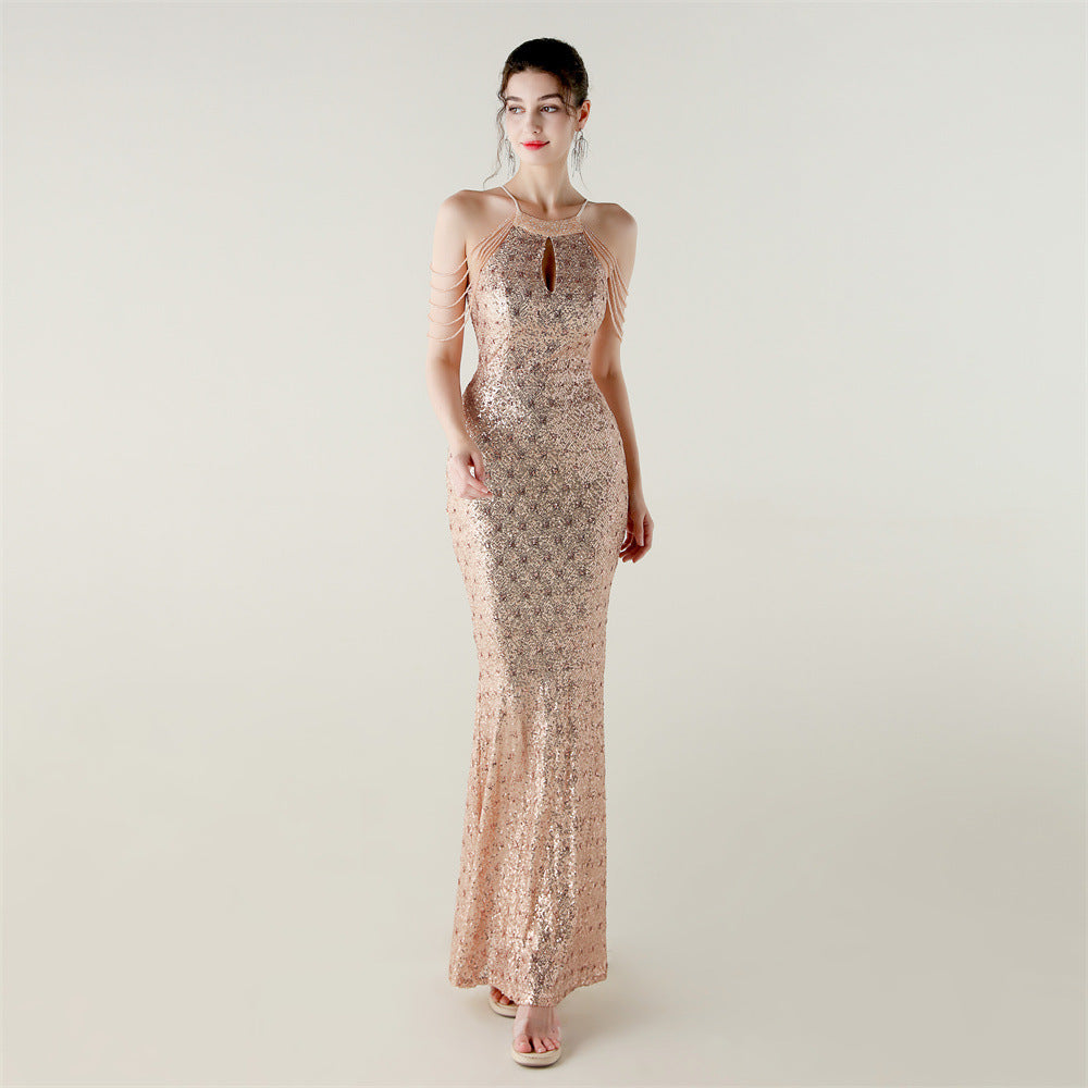 Sequin Beaded Off-Shoulder Halter Fishtail Luxury Party Dress 16