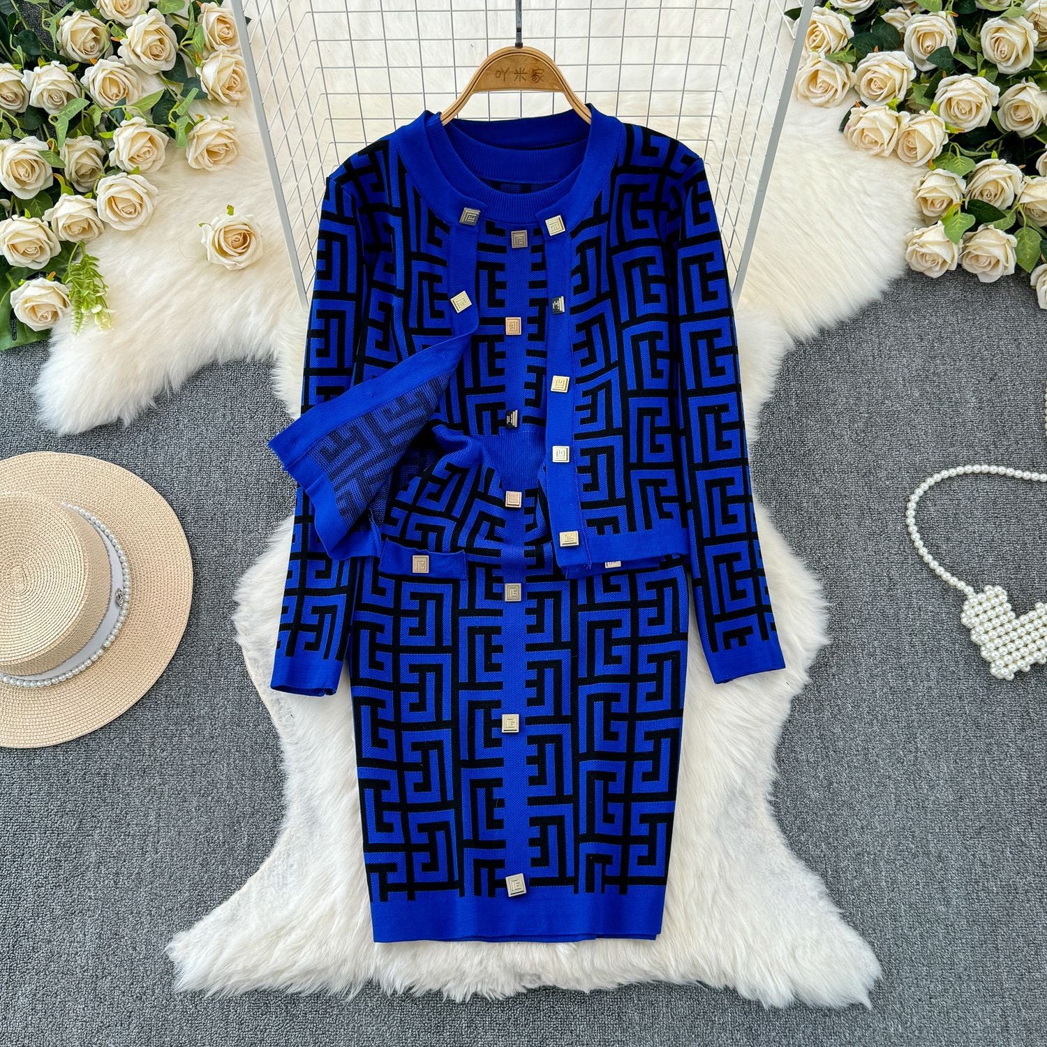 Women Cardigan Jacket Bodycon Dress Knitting Two-Piece Set 4